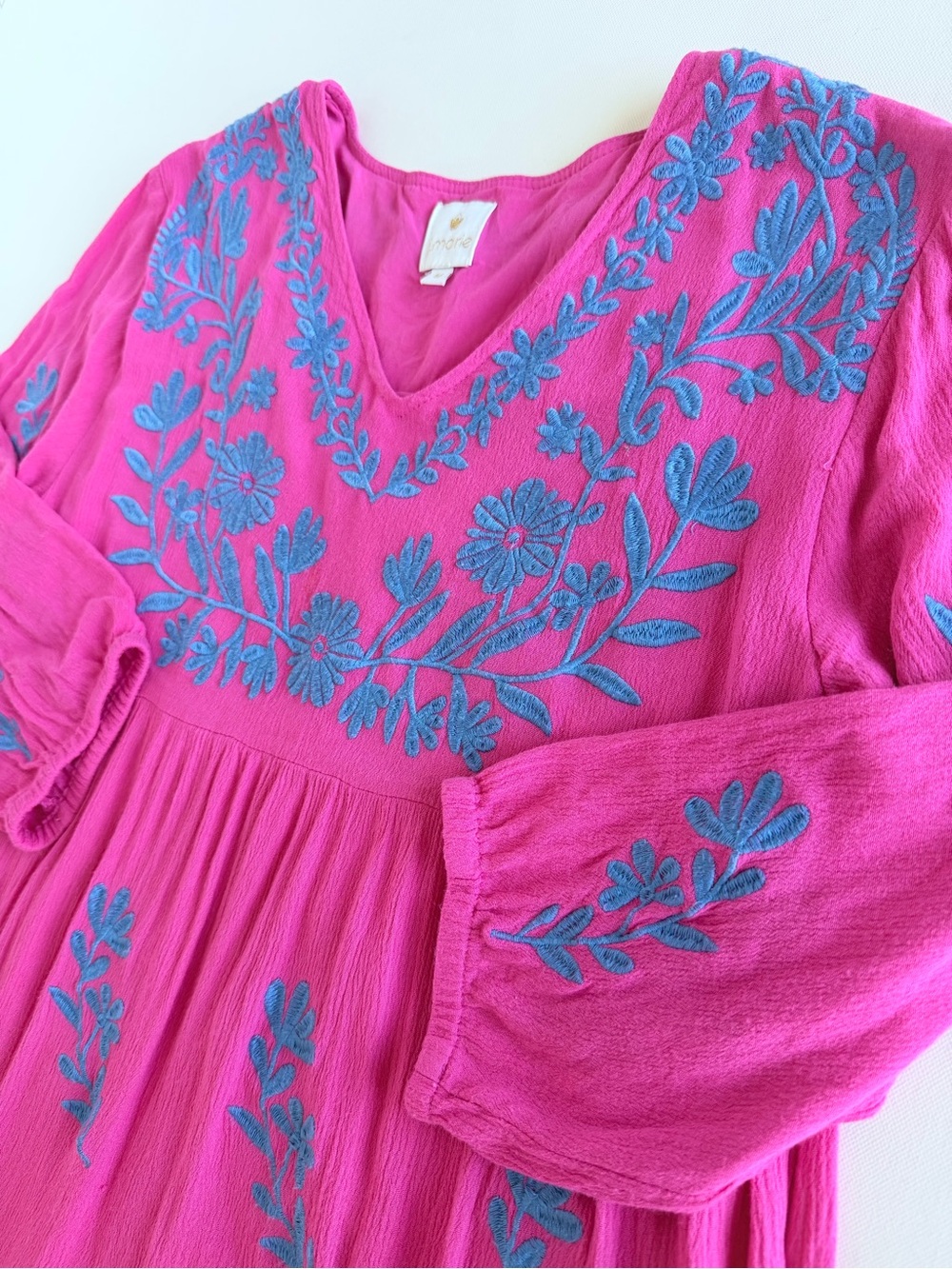 J.Marie Madeline Hot Pink Blue Embroidered Tiered Boho Mini Dress V-Neck M - Picture 10 of 12